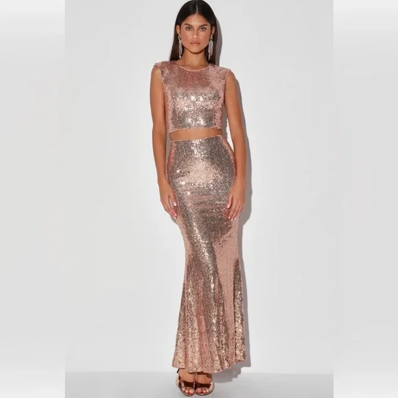 Lulus Under the Starlight Crop Sequin Blouse & Maxi Skirt in Rose Gold at Nordstrom, Size Medium
